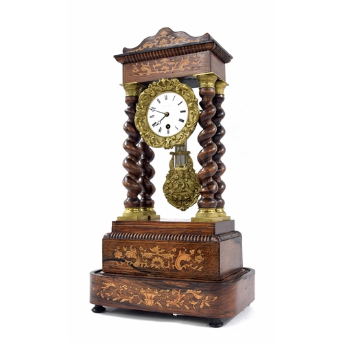 1506 - French rosewood and marquetry portico mantel clock timepiece, the 3.25