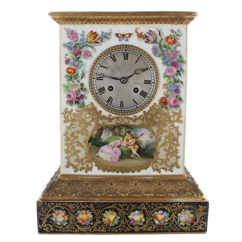 1508 - French porcelain two train mantel clock, the Pons movement with silk suspension and outside countwhe... 