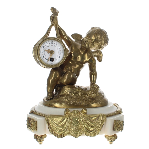 1321 - Small French ormolu and white marble figural mantel clock timepiece, the movement with platform esca... 