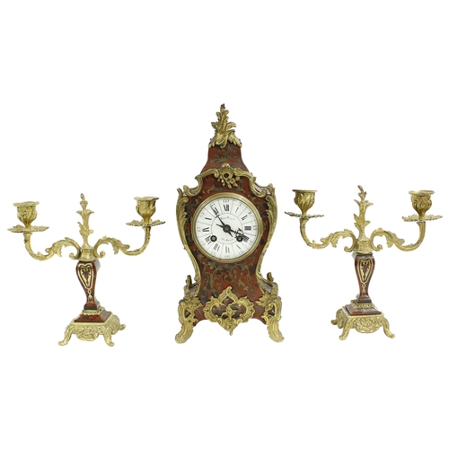 1513 - French Boulle two train balloon mantel clock garniture, the 3.5