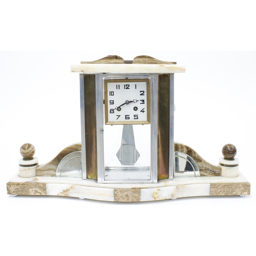 2312 - Art Deco brown and white marble two train mantel clock, the 3.5