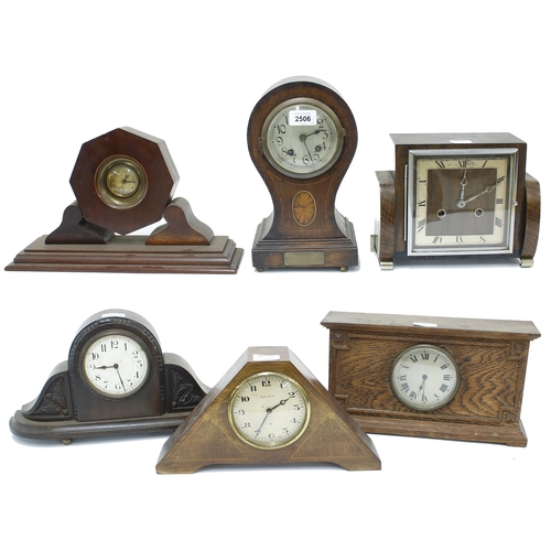 2506 - Six various small wooden cased mantel clocks (two two train and four timepieces)... 