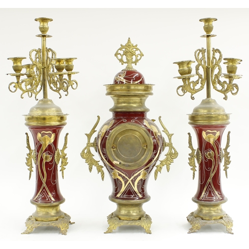 2318 - Decorative single train French style mantel clock garniture, the 3.5