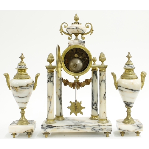 2320 - French style grey marble and gilt metal mounted two train portico mantel clock garniture, the moveme... 