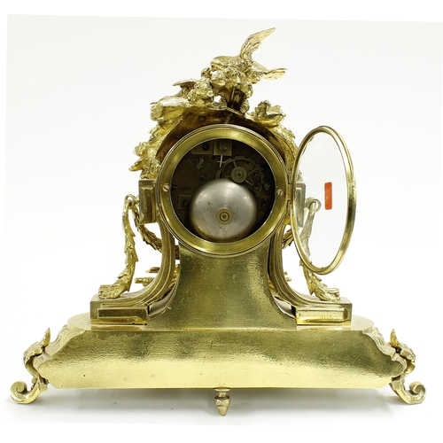 2321 - French style gilt metal and porcelain mounted two train mantel clock, the movement with outside coun... 