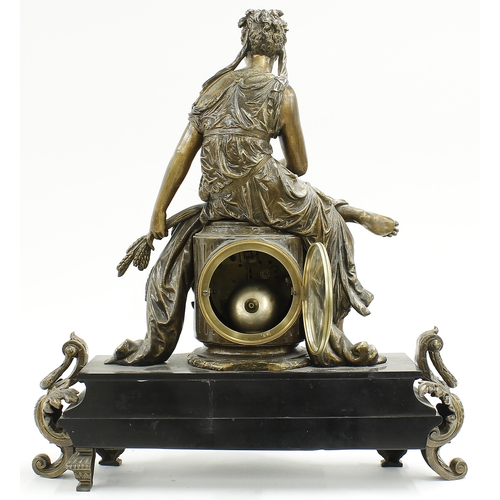 2329 - French black slate and gilt metal figural two train mantel clock, the Japy Freres movement striking ... 