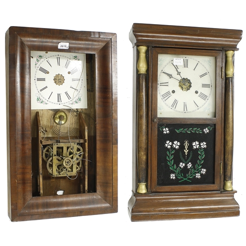 2619 - Two American ogee two train wall clocks in need of restoration (both with weights) (2)... 