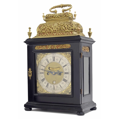 1365 - English ebonised and ormolu mounted double fusee verge basket top bracket clock, the 7