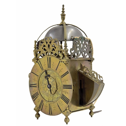 1330 - Interesting English brass hook and spike winged verge lantern clock, the 7.25