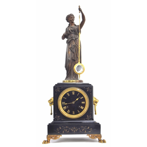 1353 - Good French black marble and figural mystery two train mantel clock, the movement stamped with the G... 