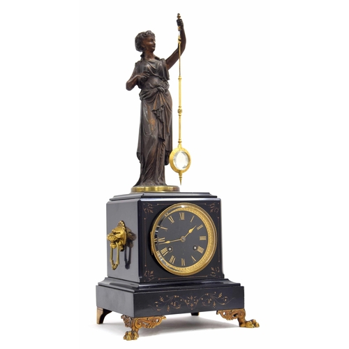 1353 - Good French black marble and figural mystery two train mantel clock, the movement stamped with the G... 