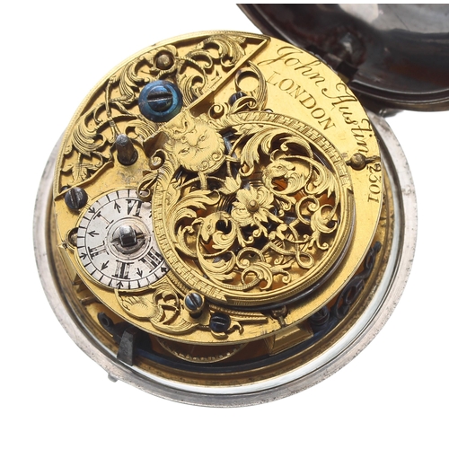 207 - Good English 18th century silver repousse verge pair cased pocket watch, the fusee movement signed J... 