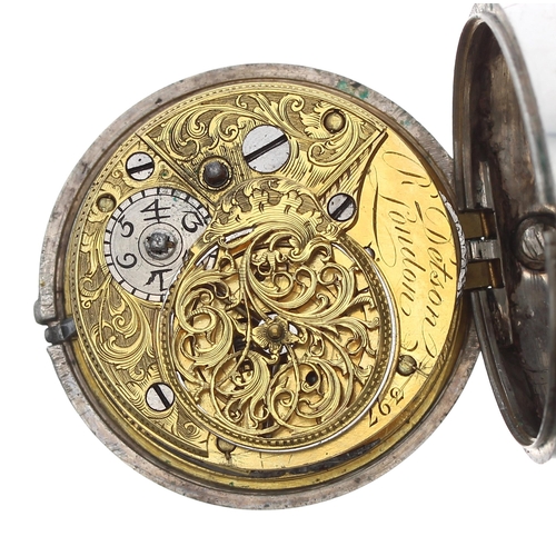 229 - George II English silver verge pair cased pocket watch, London 1759, the movement signed R. Detson, ... 