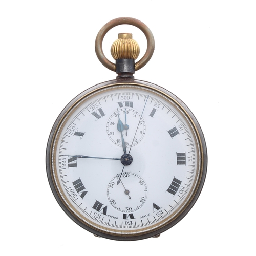 237 - Swiss gunmetal centre seconds chronograph lever pocket watch, gilt frosted movement, the dial with R... 