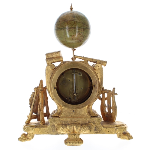 1523 - French gilt metal two train mantel clock emblematic of exploration and travel, the 3.5