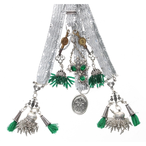 343 - Modern attractive four strand ribbon chatelaine, with four tassel fobs, green stone set pendant, ova... 