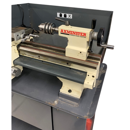 2035 - Axminster Sieg C4 metal bench lathe (part no: 600856), upon a bespoke stand fitted with a long drawe... 