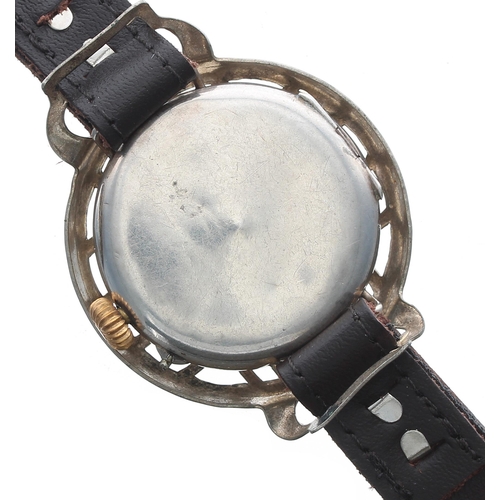 132 - Silver WWI period wire-lug trench wristwatch, import hallmarks London 1915, the enamel dial with Ara... 