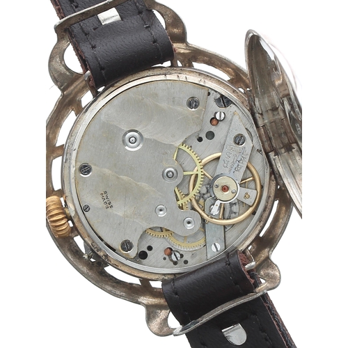 132 - Silver WWI period wire-lug trench wristwatch, import hallmarks London 1915, the enamel dial with Ara... 