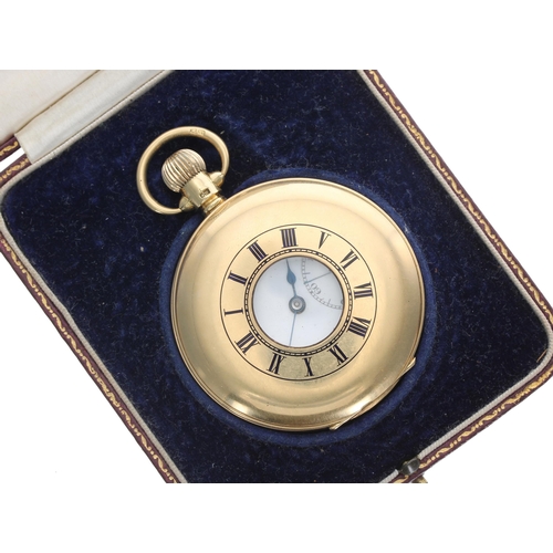 255 - George V 18ct half hunter lever pocket watch, Chester 1932, Swiss 17 jewel movement, the dial with d... 