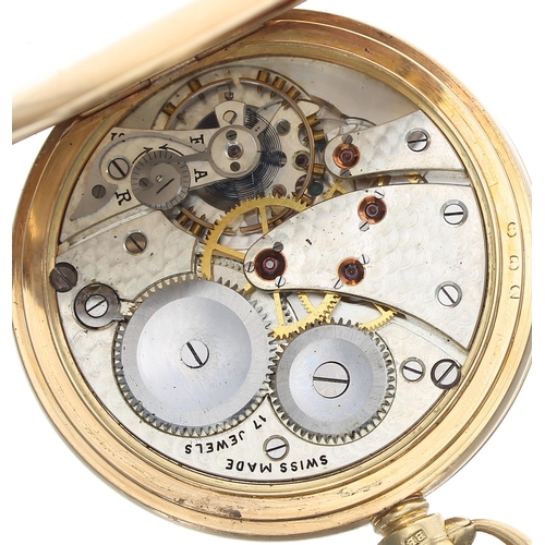 255 - George V 18ct half hunter lever pocket watch, Chester 1932, Swiss 17 jewel movement, the dial with d... 