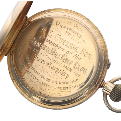 305 - Late 19th century Bryer & Sons 18ct lever hunter pocket watch, London 1899, gilt three quarter p... 