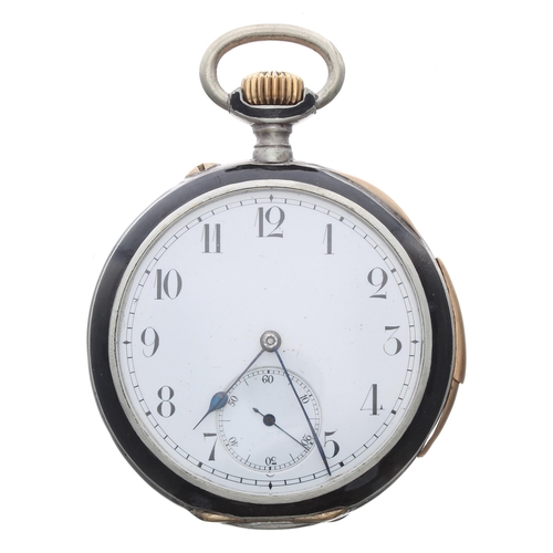 304 - Continental silver (0.935) and black enamel quarter repeating lever pocket watch, gilt frosted movem... 