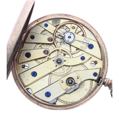 306 - Attractive 14k cylinder fob watch, gilt frosted bar movement with gilt three arm balance and regulat... 