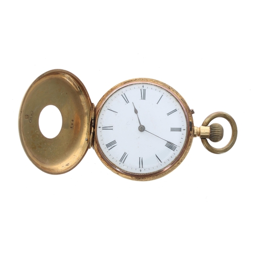 307 - Attractive 18k and enamel half hunter fob watch, gilt frosted cylinder bar movement with gilt three ... 