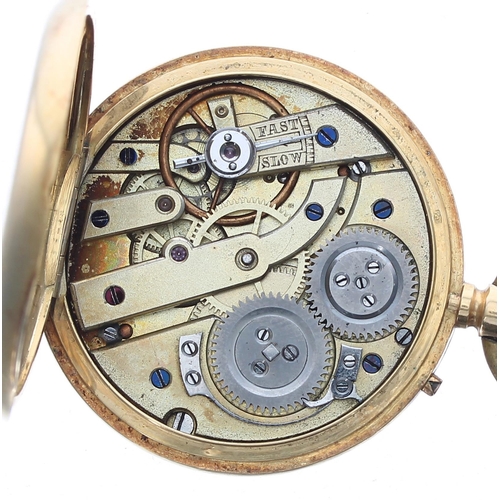 307 - Attractive 18k and enamel half hunter fob watch, gilt frosted cylinder bar movement with gilt three ... 