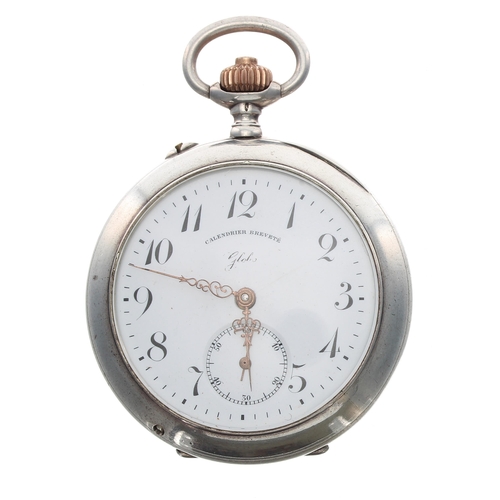 308 - Interesting Continental silver (0.935) calendar pocket watch, the enamel dial signed Globo and inscr... 