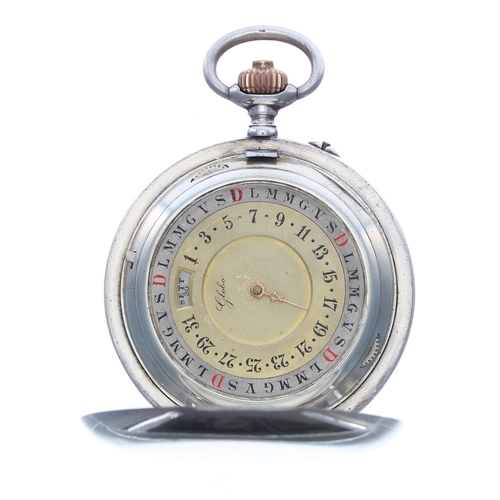 308 - Interesting Continental silver (0.935) calendar pocket watch, the enamel dial signed Globo and inscr... 