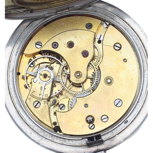 308 - Interesting Continental silver (0.935) calendar pocket watch, the enamel dial signed Globo and inscr... 