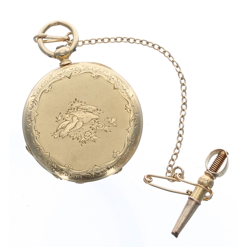 320 - Attractive small 18k Continental cylinder hunter fob watch, gilt frosted bar movement, inscribed hin... 