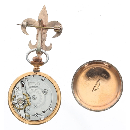 269 - Swiss gilt metal and green enamel cylinder fob watch, the three quarter plate movement signed B. Sch... 