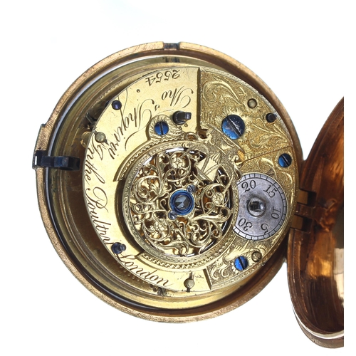 298 - George III centre seconds cylinder gilt metal and snakeskin pair cased pocket watch, circa 1780, the... 