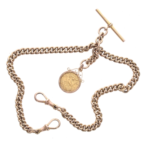 331 - Good 9ct watch Albert chain with an Edward VII 1910 half sovereign coin fob attachment, with double ... 