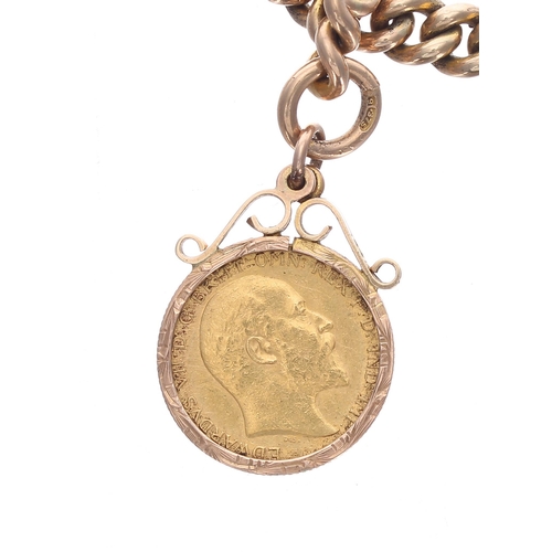 331 - Good 9ct watch Albert chain with an Edward VII 1910 half sovereign coin fob attachment, with double ... 