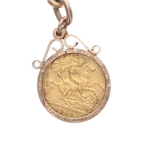 331 - Good 9ct watch Albert chain with an Edward VII 1910 half sovereign coin fob attachment, with double ... 