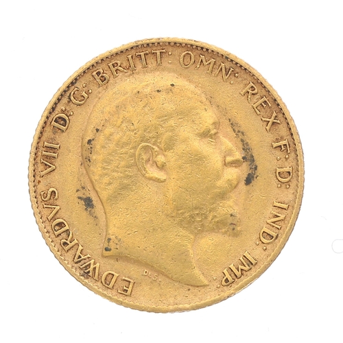 332 - Edward VII 1908 half sovereign coin in a 9ct brooch mount, with safety chain, 6.3gm, 25mm dimeter... 