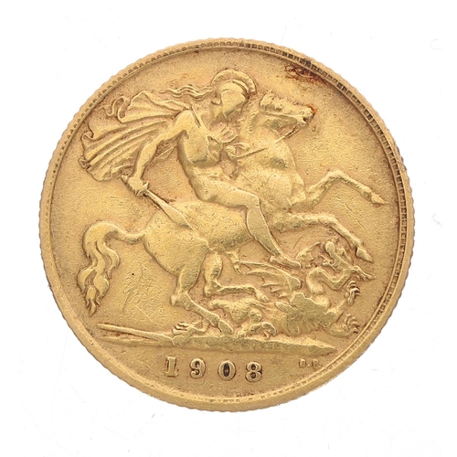 332 - Edward VII 1908 half sovereign coin in a 9ct brooch mount, with safety chain, 6.3gm, 25mm dimeter... 