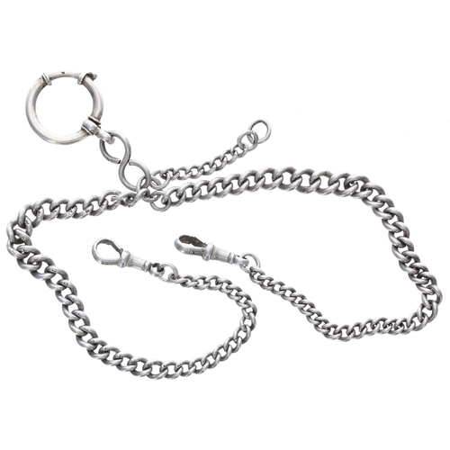 334 - Silver graduated double watch Albert chain, with two silver swivel clasps and loop, 42.7gm, 9.75'' a... 