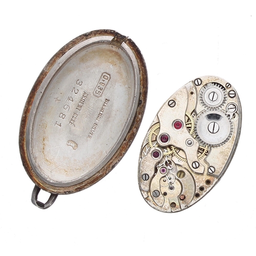 417 - Silver (0.935) and enamel oval pendant watch, silvered oval dial with Arabic numerals and inner minu... 