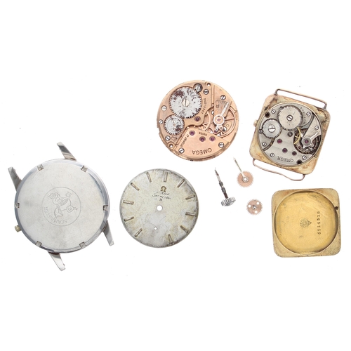 420 - Omega gold plated square cased wire-lug wristwatch for repair, circa 1920's, 25mm; together with an ... 