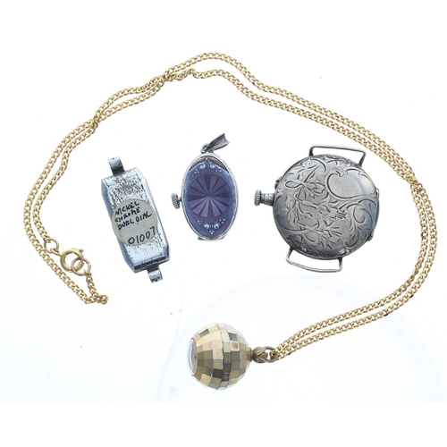 439 - E. Gubelin silver (0.900) and enamel pendant fob watch for repair; together with a Duo Dial nickel c... 