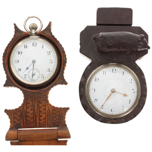 454 - Black forest carved desk timepiece, mounted with a bear and with letter slot, the movement signed Ja... 