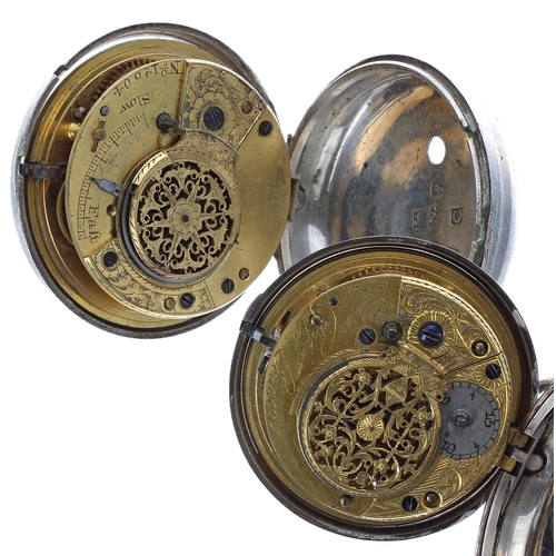 455 - Fusee verge pocket watch movement, unsigned, no. 12604, within an associated silver inner pair case,... 