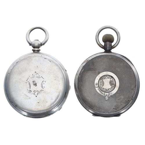 487 - Silver cylinder engine turned pocket watch, 48mm (in need of attention); together with a silver leve... 