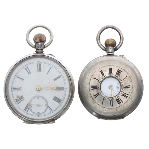 490 - Silver (0.800) cylinder half hunter engine turned pocket watch, 46mm; together with a silver (0.800)... 