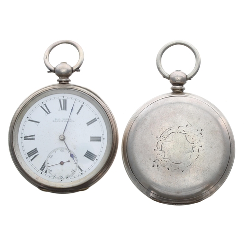 492 - Silver cylinder hunter pocket watch, 52mm; together with a silver cylinder engine turned pocket watc... 